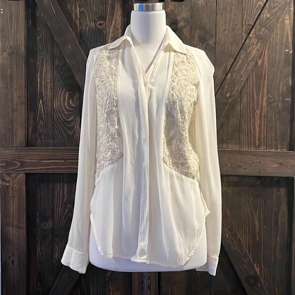Shakuhachi sheer button long sleeve down top Sz-XS